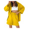 thumbnail image 1 of VISgogo, traje de pantalón informal de dos piezas para mujer, blusas abotonadas con cuello de solapa de color sólido y pantalones cortos holgados con cintura elástica VISgogo moda, 1 of 3