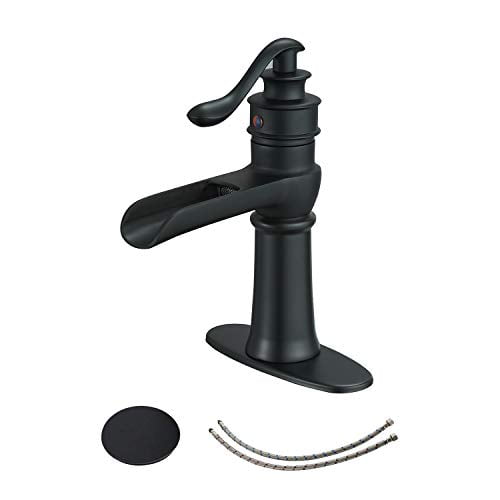 Bwe Black Bathroom Faucet With Drain Assembly And Supply Hose Lead Free Deck Mounted Waterfall Single Handle Farmhouse Bathroom Sink Faucet Lavatory Mixer Tap Matte Black Walmart Com Walmart Com