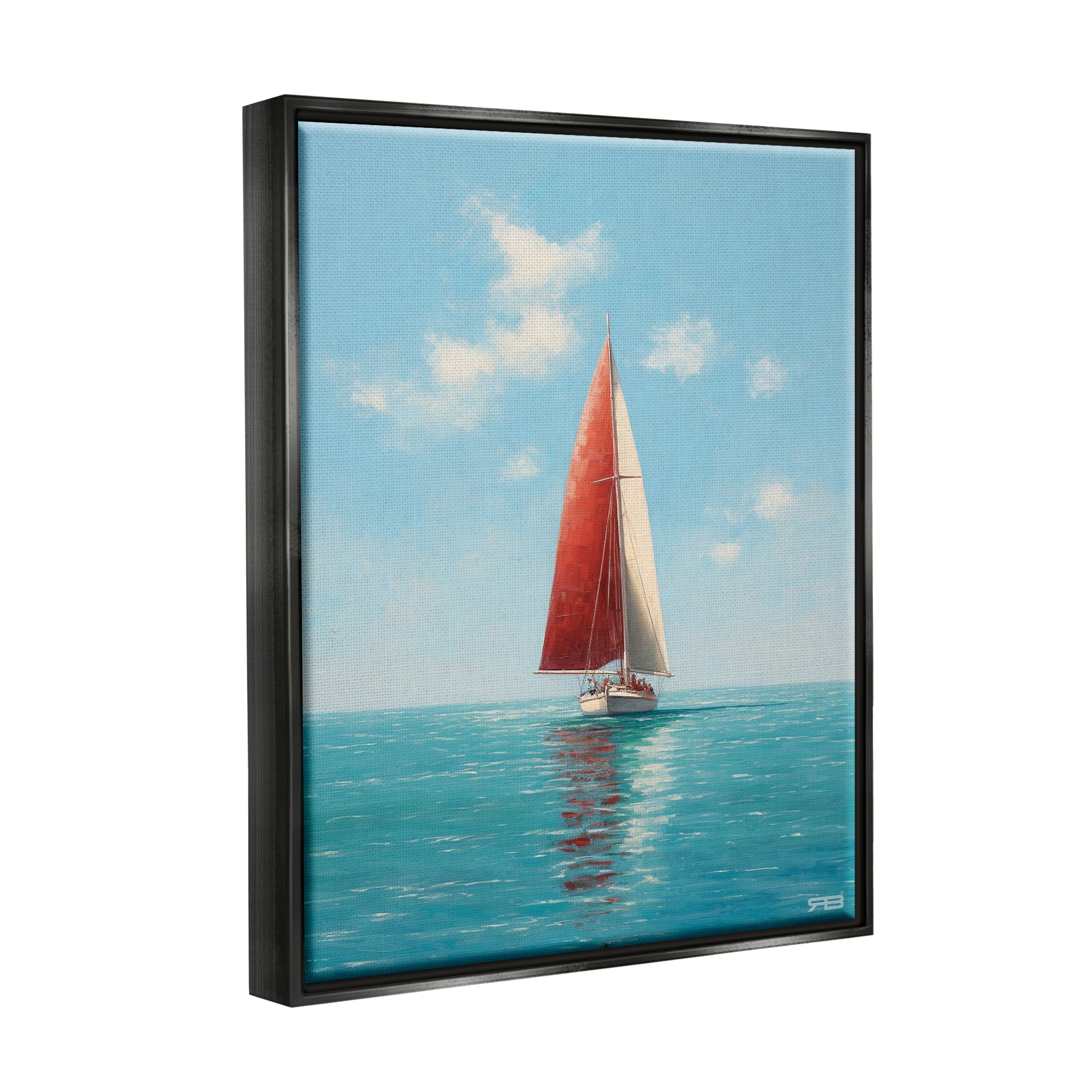 Stupell Industries Red Sailboat on Sea Transportation Painting Black Floater Framed Canvas Art Print Wall Art, 25 x 31