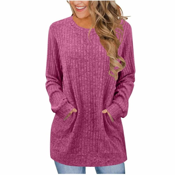 Neewe Womens Classic Plain Long Sleeve Tops Fall Winter Pullover T Shirts Round Neck Casual Fashion Basic Sweatershirt with Pocket