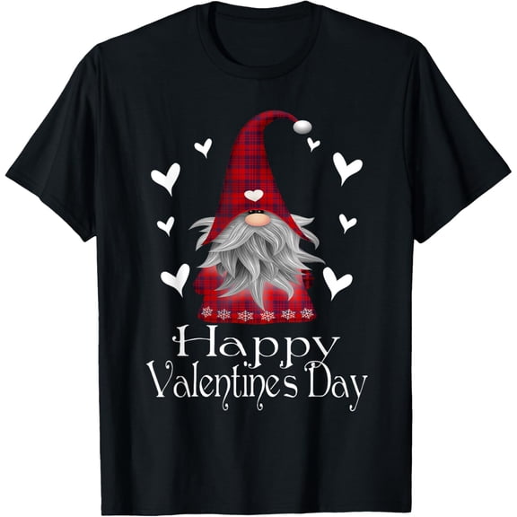 Happy Valentine's Day Gnome Plaid T Shirt Cute Heart Gifts T-ShirtMen's and women's gift, black and white T-shirt, size: Extra large S-4XL