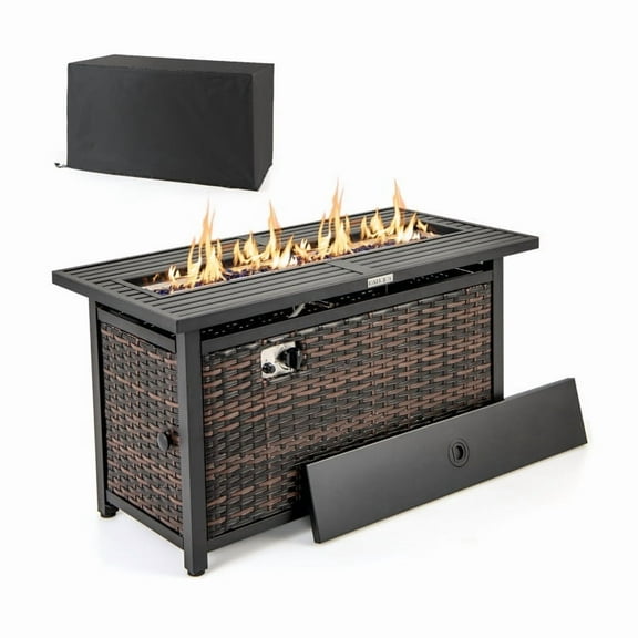 45 Inch Propane Rattan Firepit Table with Glass Stones and Protective Cover