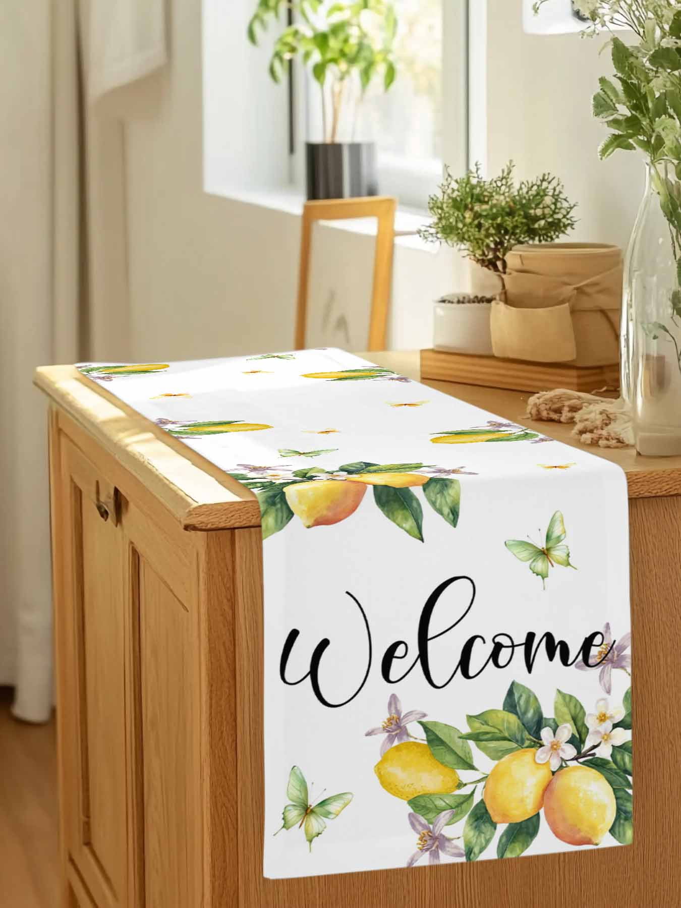 Summer Lemon Flower Leaves Table Runner 90 Inches Long, Butterfly Welcome Quote Table Runners Tabletop Scarf Kitchen Dining Tables Decoration for Home Party Indoor Outdoor