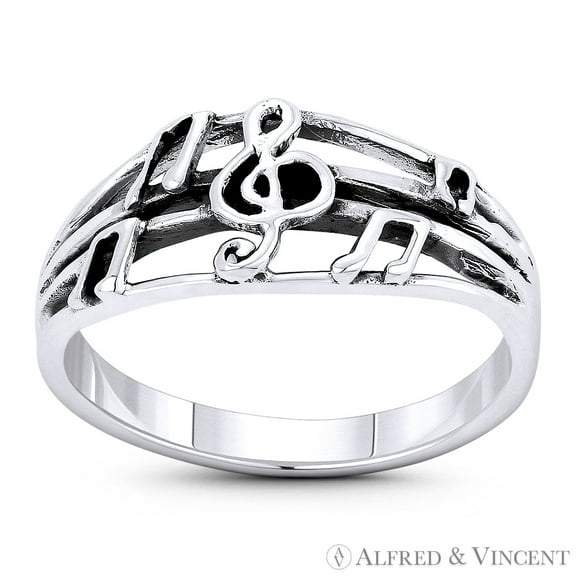 G-Clef, Beamed Eighth Note, & 4-Line Staff Line-Sheet Stackable Ring / Musical Charm Band in Oxidized .925 Sterling Silver