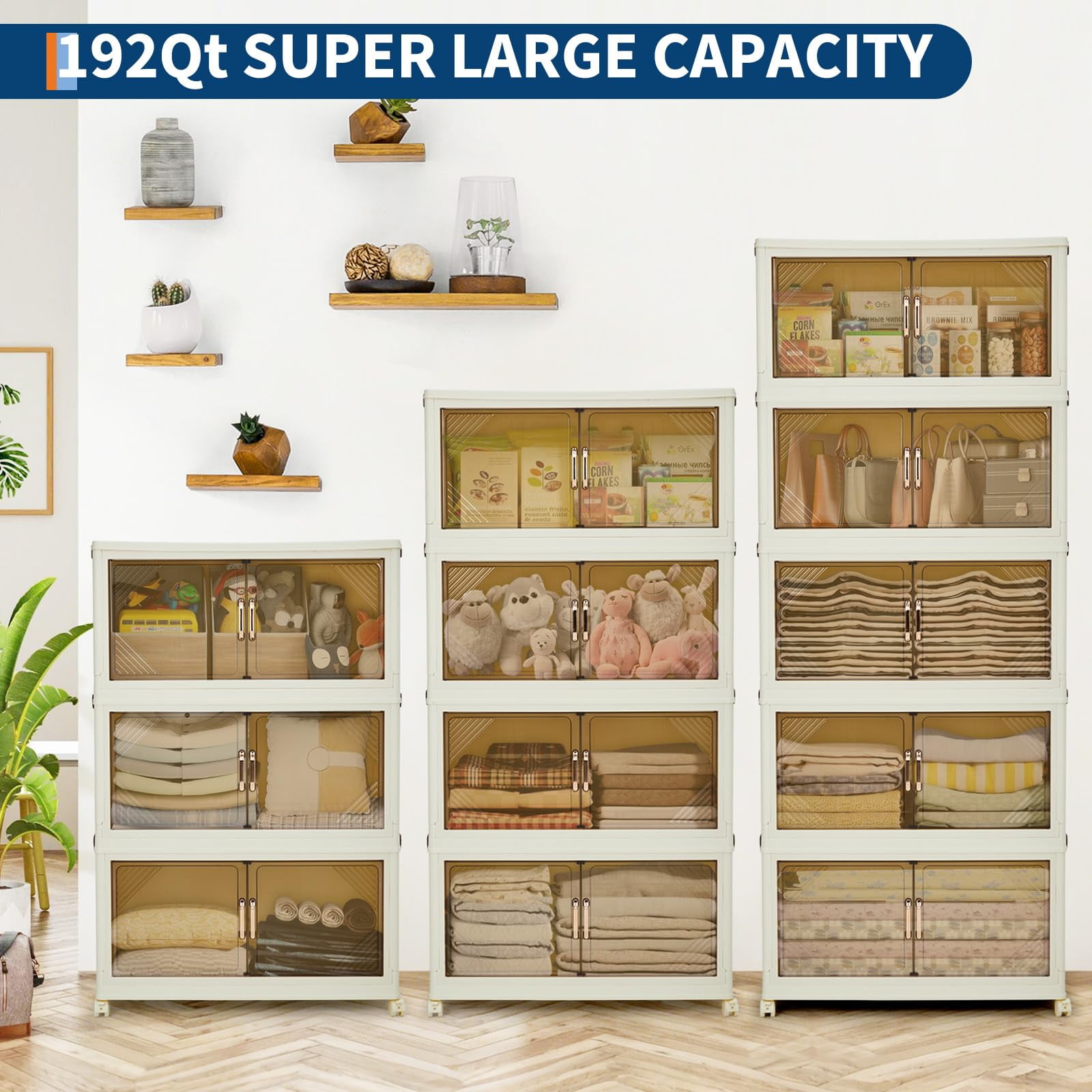 Stackable Storage Bins, 192QT Plastic Bins for Storage with Lids, Plastic Storages Drawers with Magnetic Doors & Wheels, Foldable Closet Organizers for Home, Dorm, White