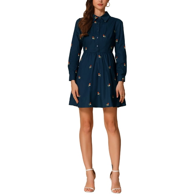 Vestido de camisa mini floral de manga larga con cuello de solapa y botones para mujer Inspire Chic, azul marino, talla S