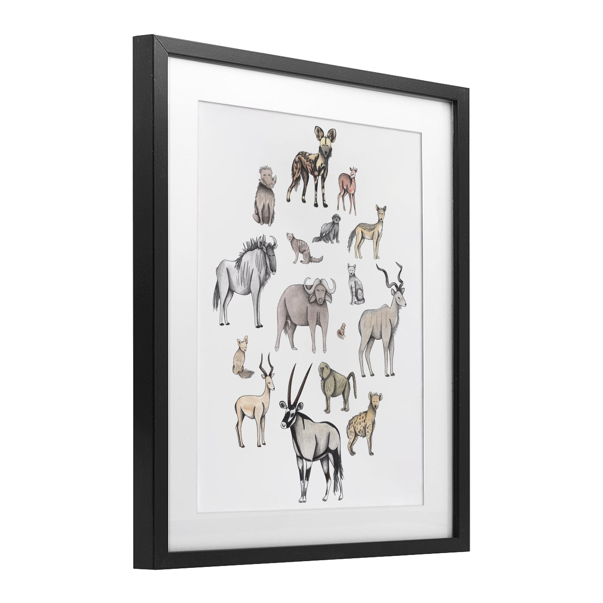 Simple Africa Animals Black Framed Print Under Glass, design by Cecilia Battaini