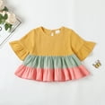 thumbnail image 4 of Kucnuzki 6 Months Baby Girl Summer Outfits Pants Sets 12 Months Short Sleeve Color-Blocked Ruffles Peplum Tops Elastic Ripped Denim Pants 2PCS Set Yellow, 4 of 9