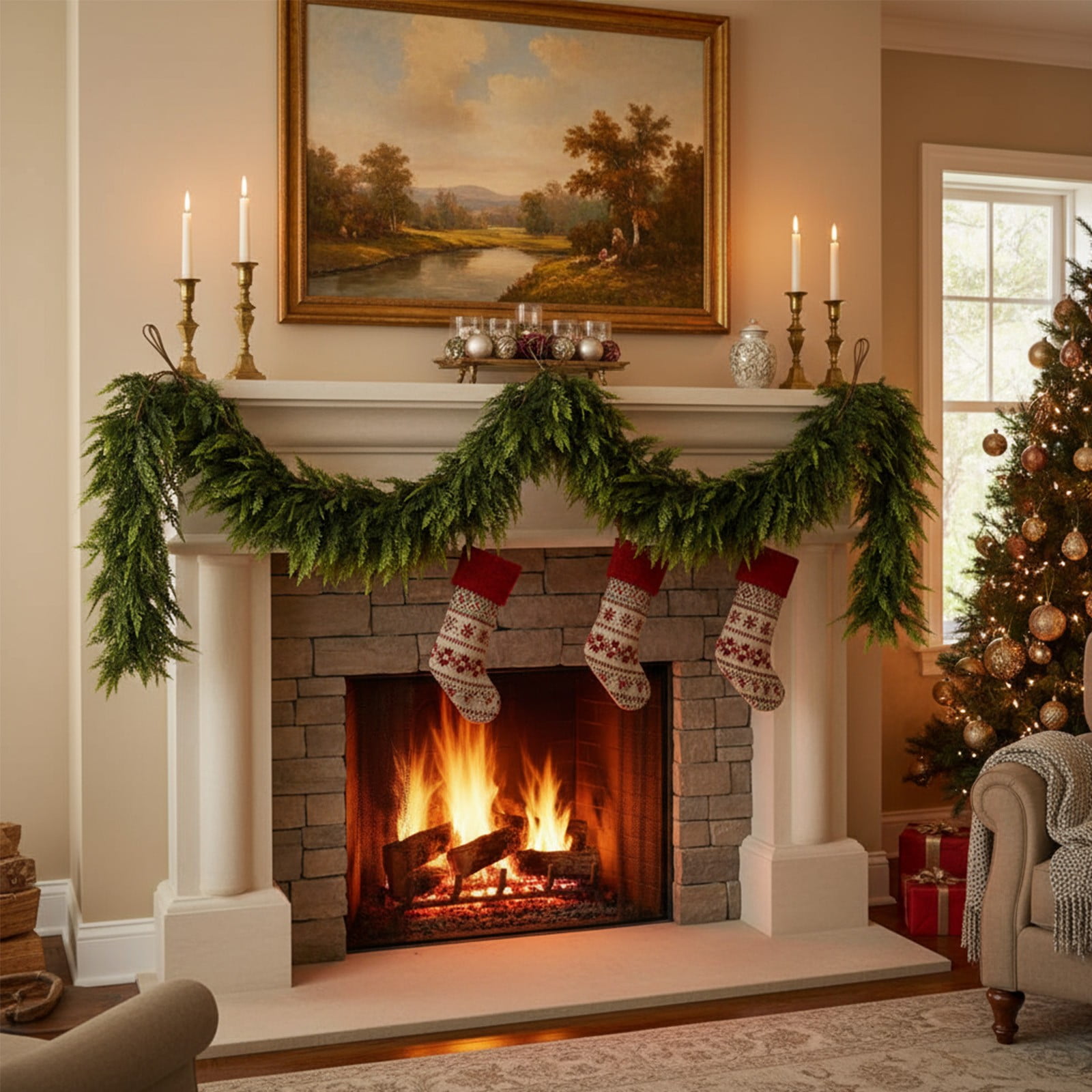 KOYPTL 9ft Christmas Garlands Norfolk Pine Garland Real Touch Artificial Faux Greenery Garland for Table, Mantle, Staires, Wall Holiday Indoor Outdoor Christmas Decorations(Lush)