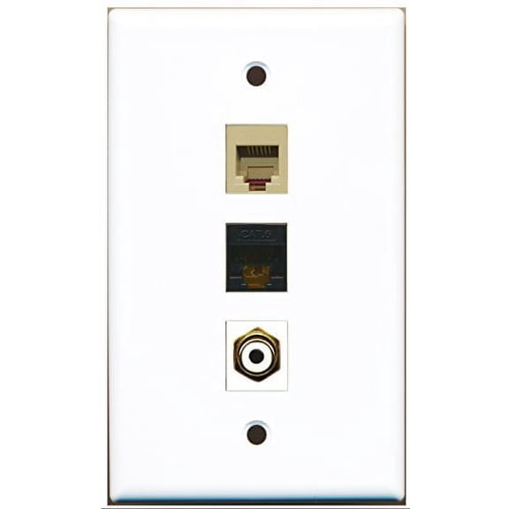 RiteAV - 1 Port RCA White and 1 Port Phone RJ11 RJ12 Beige and 1 Port Cat6 Ethernet Black Wall Plate