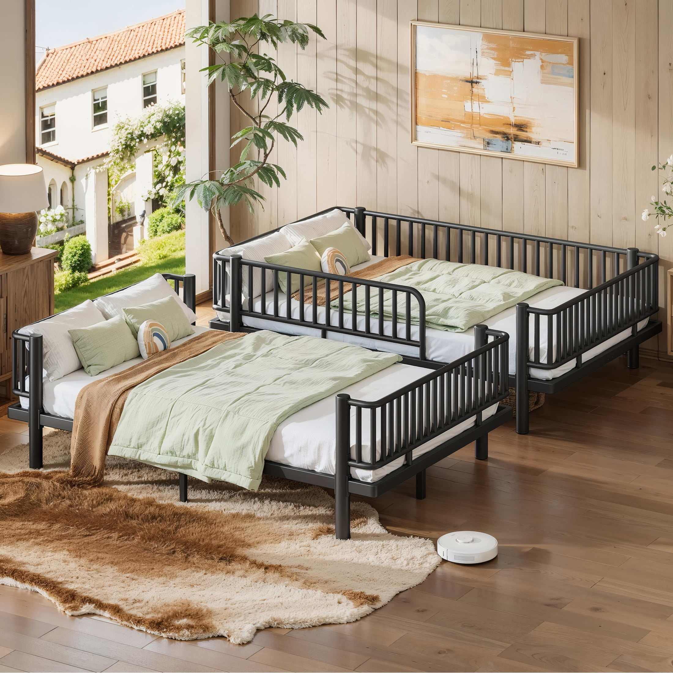 Noble House Queen over Queen Bunk Bed with Guardrails and Ladder, Can Separate into 2 Platform Beds, Black