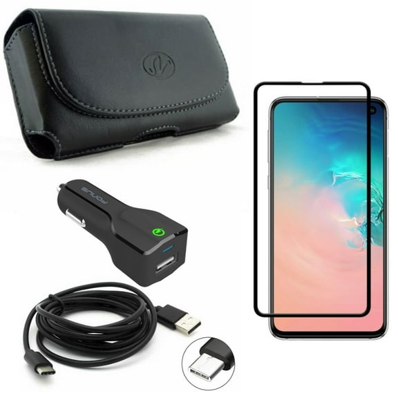 Galaxy S10e Screen Protector w Car Charger w Case Belt Clip - Tempered Glass 5D Curved Edge, 24W Fast 2-Port USB 6ft Cable, Leather Holster Cover for Samsung Galaxy S10e Phone