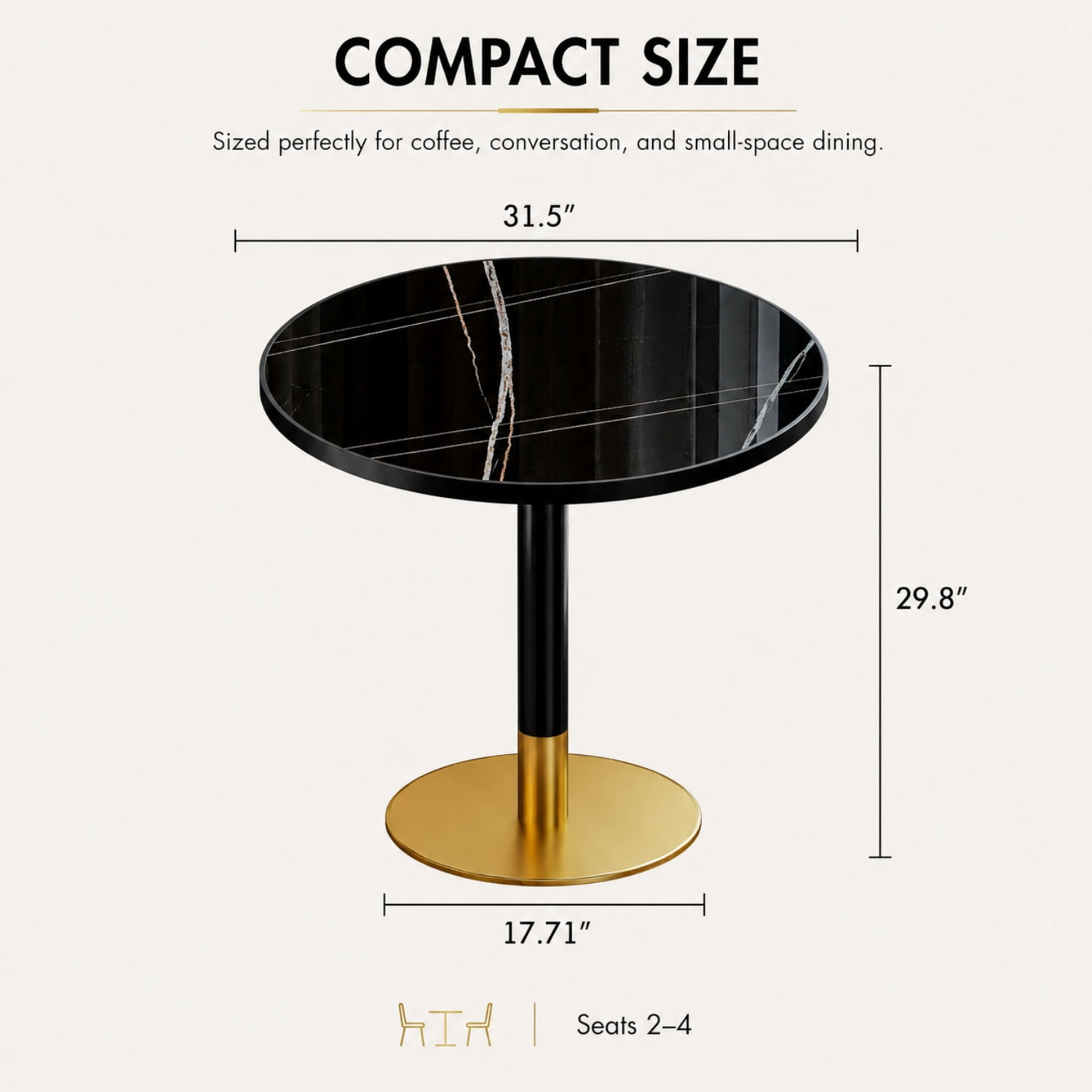 Miniyam 31.5 in. Round Tulip Dining Table for 2-4, Glossy Stone-Look Pedestal Table for Kitchen or Small Spaces, Black&Gold