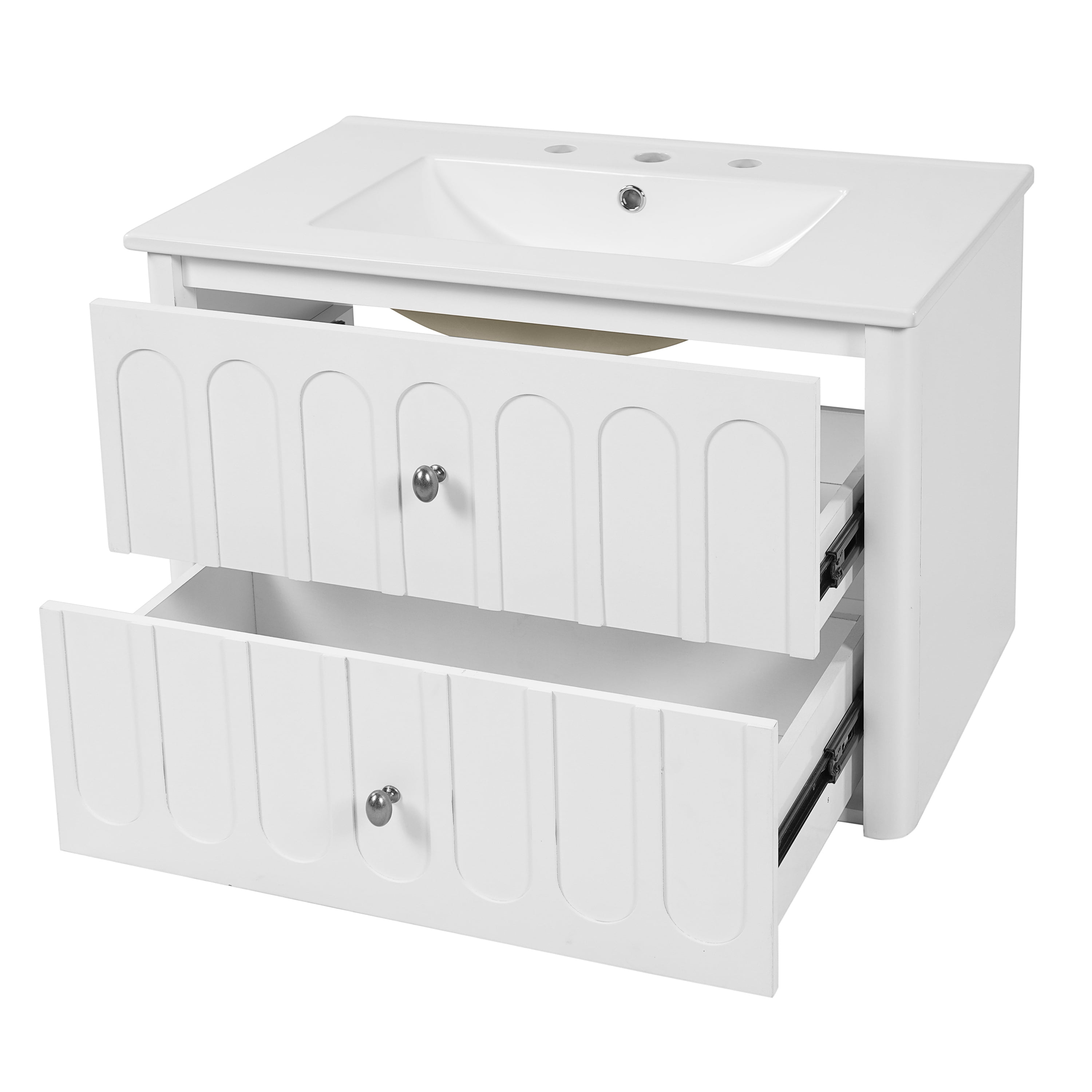 30" Modern Floating Bathroom Vanity with Oval Knobs & Round Edge, Soft-Close Drawer Slides, Bathroom Cabinet with Ceramic Sink