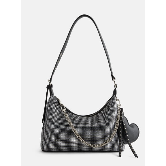 Madden NYC Women's Rhinestone Shoulder Bag with Heart Charm, Black