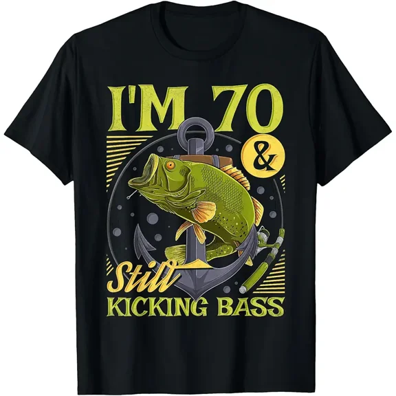 Funny 70th Birthday Kicking Bass Fishing Graphic Men Angler Gift Short Sleeve Novelty T-Shirt