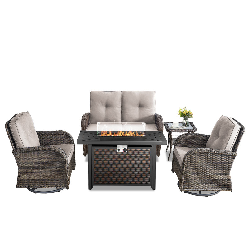 PARKWELL 5 Pieces Outdoor Patio Furniture Set with Fire Pit Table,All Weather Wicker Cushioned Swivel Chairs,Loveseat Glider for Garden Lawn Balcony Porch Deck,Brown/Beige