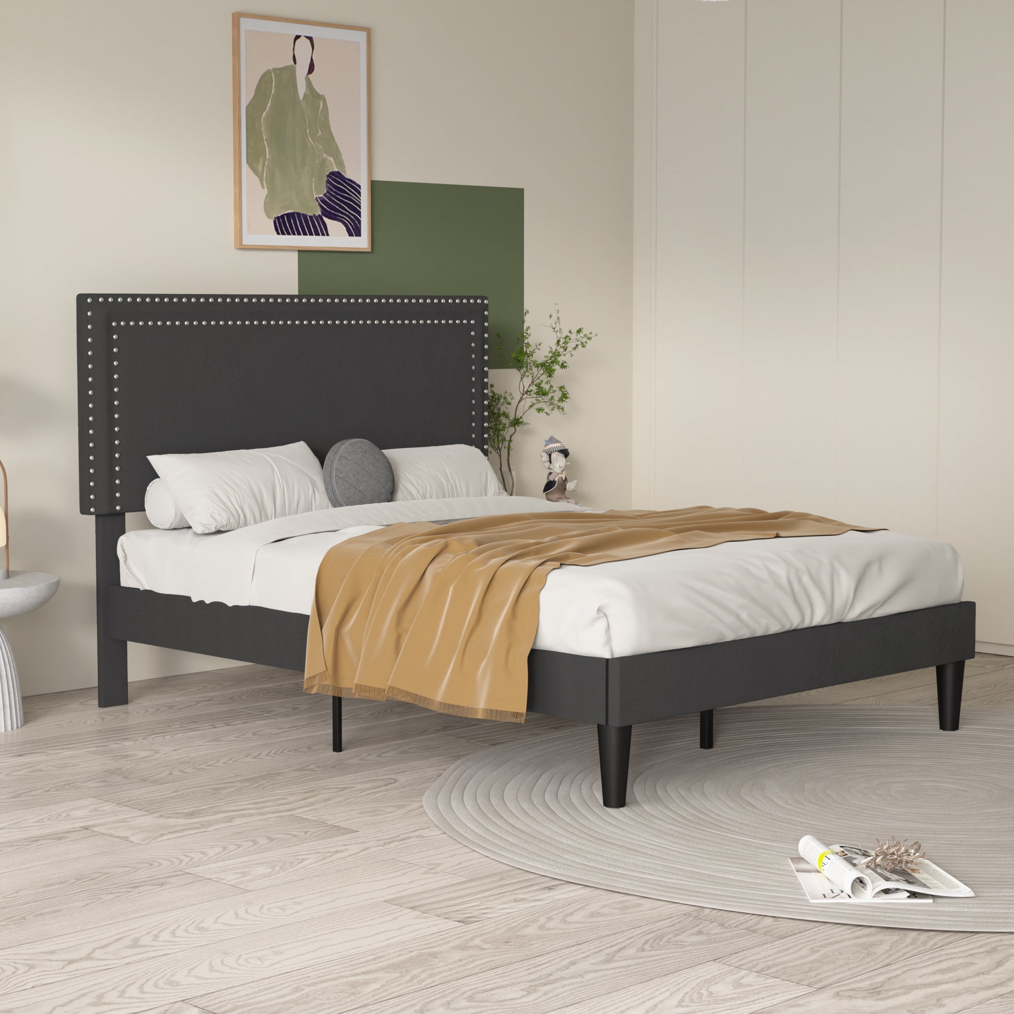 VECELO Full Size Platform Bed Frame, Modern Upholstered Bed Frame with Adjustable Height & Nailhead Trim Headboard, No Box Spring Needed, Easy Assembly, Black