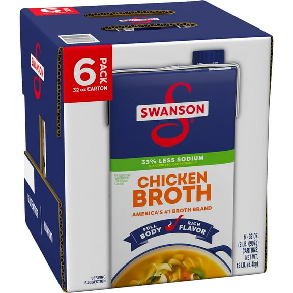 Swanson Lower Sodium Chicken Broth, 32 oz Carton (6 Pack)
