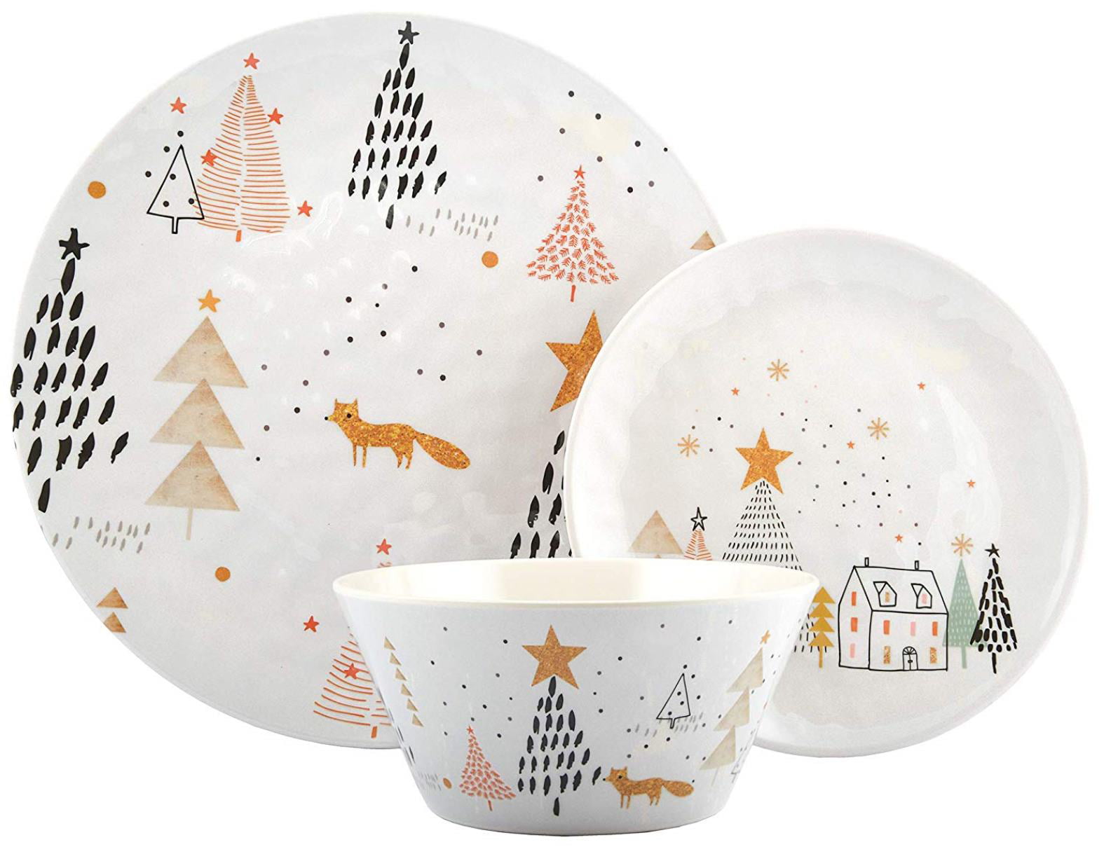 Salad Plate & Soup Bowl White Melange 608410091580 12-Piece 100% Dinnerware Set for 4 Christmas Collection-Golden Fox Shatter-Proof and Chip-Resistant Melamine Dinner Plate 10.5 4 Each 