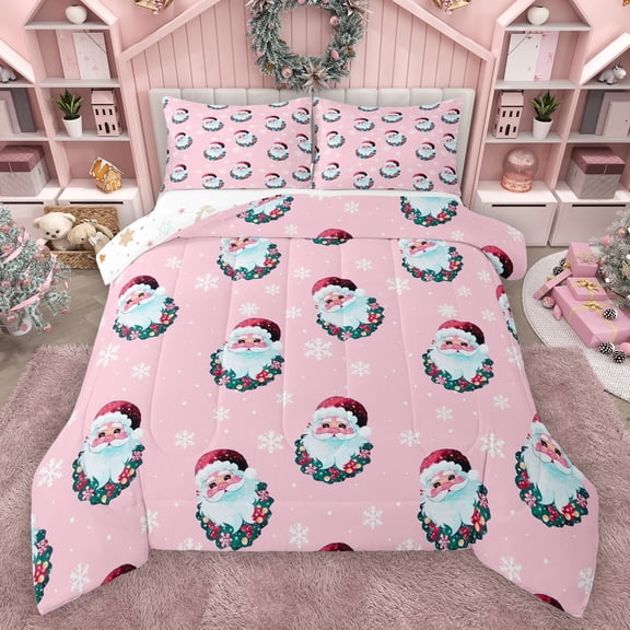 Manfei Cute Santa Claus Bedding Comforter Set,Merry Christmas Twin Comforter Sets,Kawaii Xmas Wreath Flowers Bedding Set For Girls Kids,Microfiber Bedroom Decor Reversible,2pcs