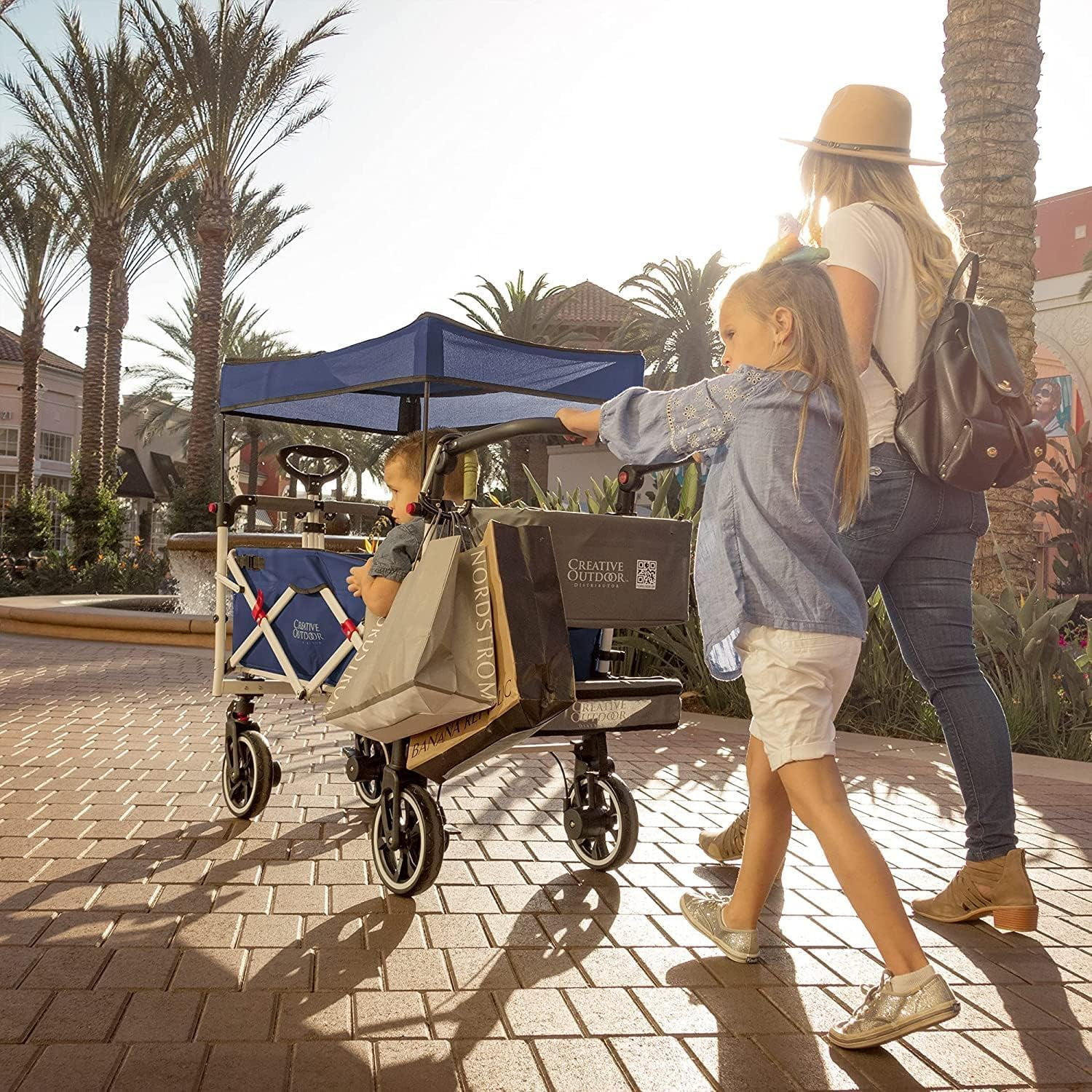 Creative Outdoor Push Pull Wagon Stroller with Canopy Folding Wagon for Kids, Black/Gray