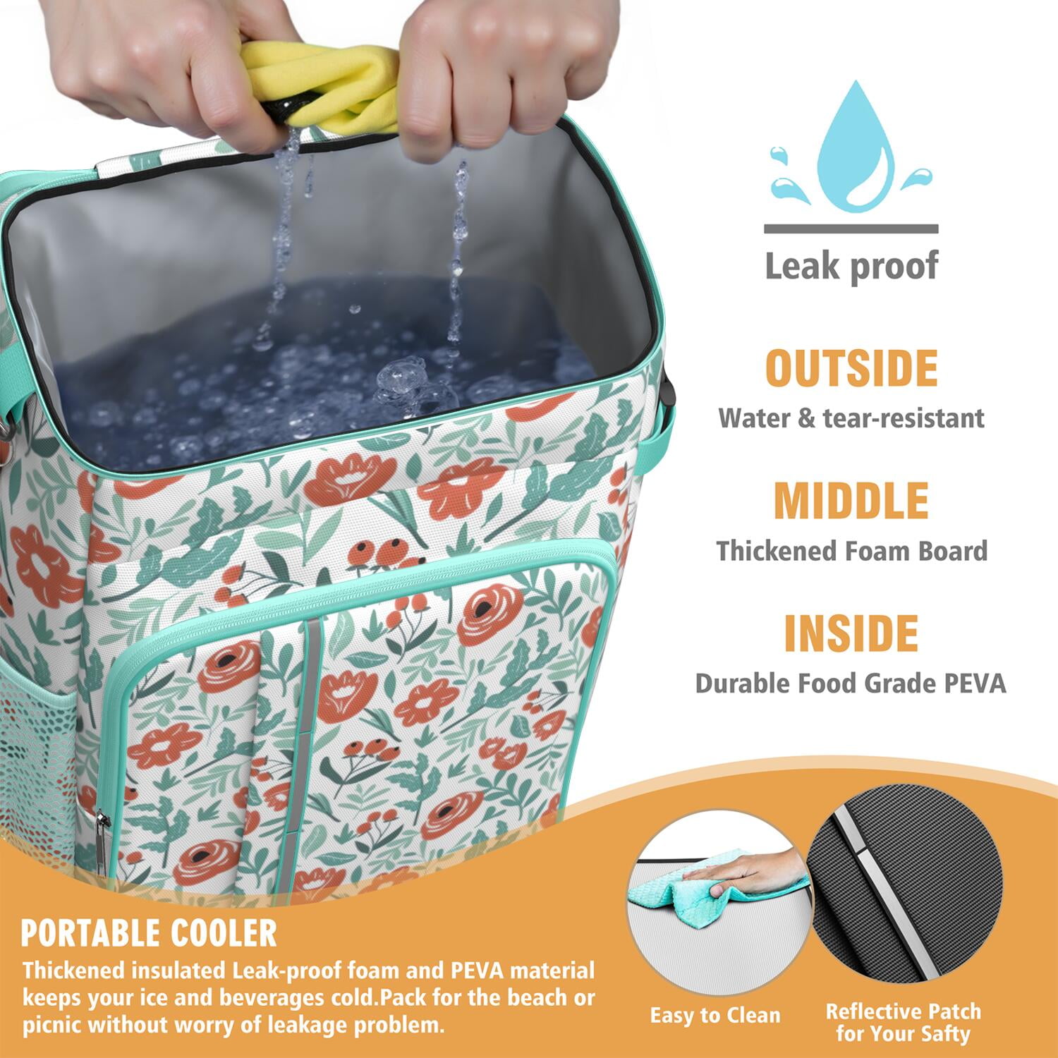 Travel Cooler Bag - Pioneer Flower Floral Print Pattern Camping Beer Cooler Backpack with Bottle Opener- Waterproof Insulated Picnic Backpacks - Cooler Bag for Beach
