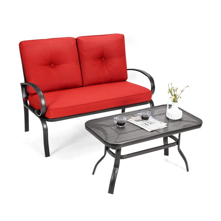 Aimee Lii 2 Pieces Patio Outdoor Cushioned Coffee Table Seat, 2 Seat Outdoor Sofa, Red Aimee Lii 2 Pieces Patio Outdoor Cushioned Coffee Table Seat, 2 Seat Outdoor Sofa, Red