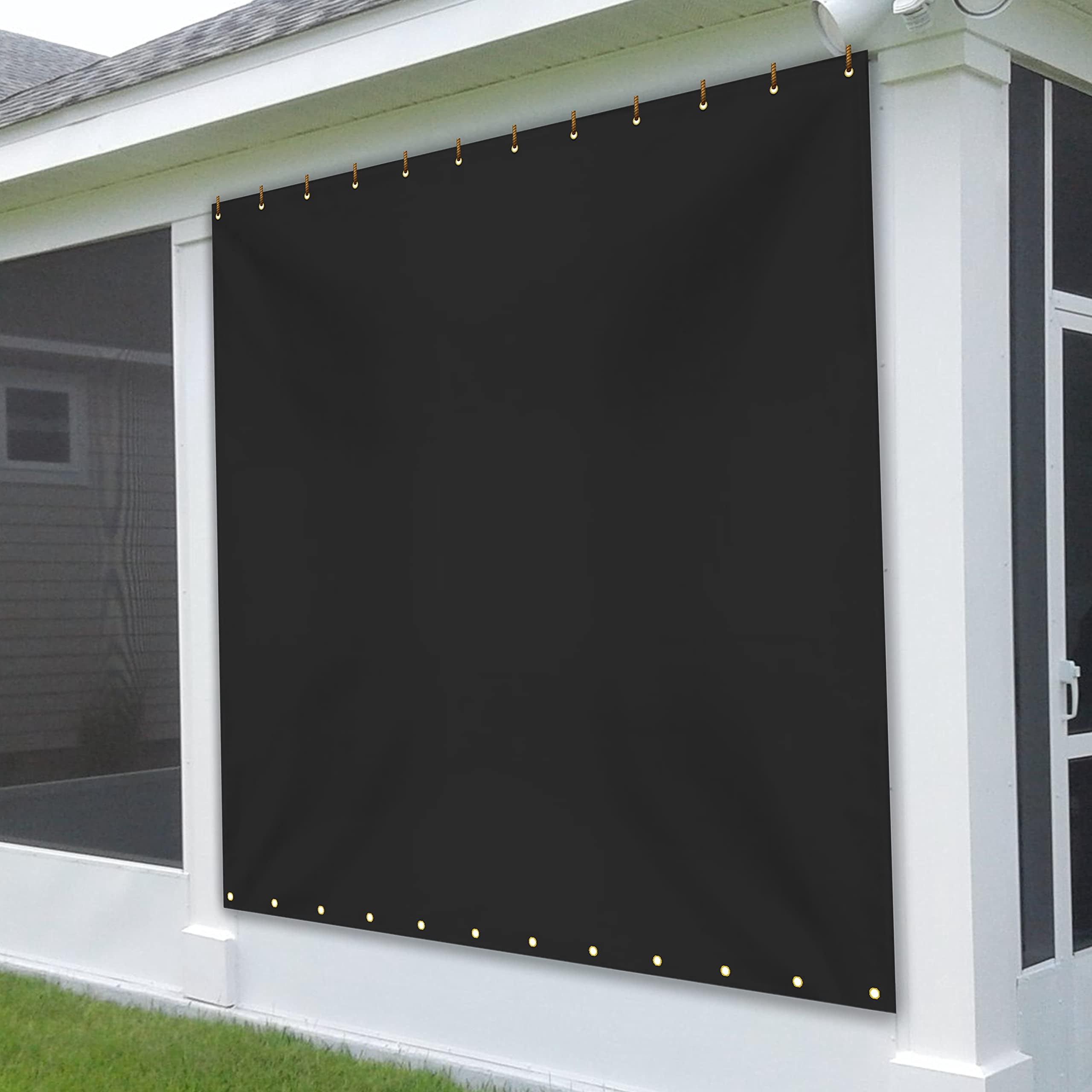 COVERS&ALL Outdoor Vinyl Curtain for Patio Furniture 18 Oz, Weather Resistant Patio Blackout Drapes for Dining Room Window with Rustproof Grommets for Pergola, Porch, Gazebos (8' H x 9' W, Black)