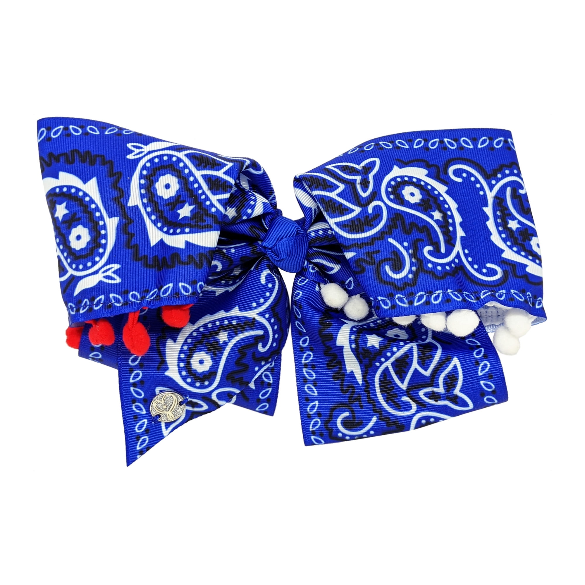 Jo Jo Siwa Bow in Blue Bandanna Print with Red and White Pom Accents