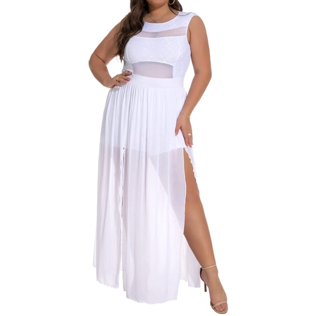 730 Plus Size Double Slits Lace Chiffon Jumpsuit Maxi Dress (1X, White)