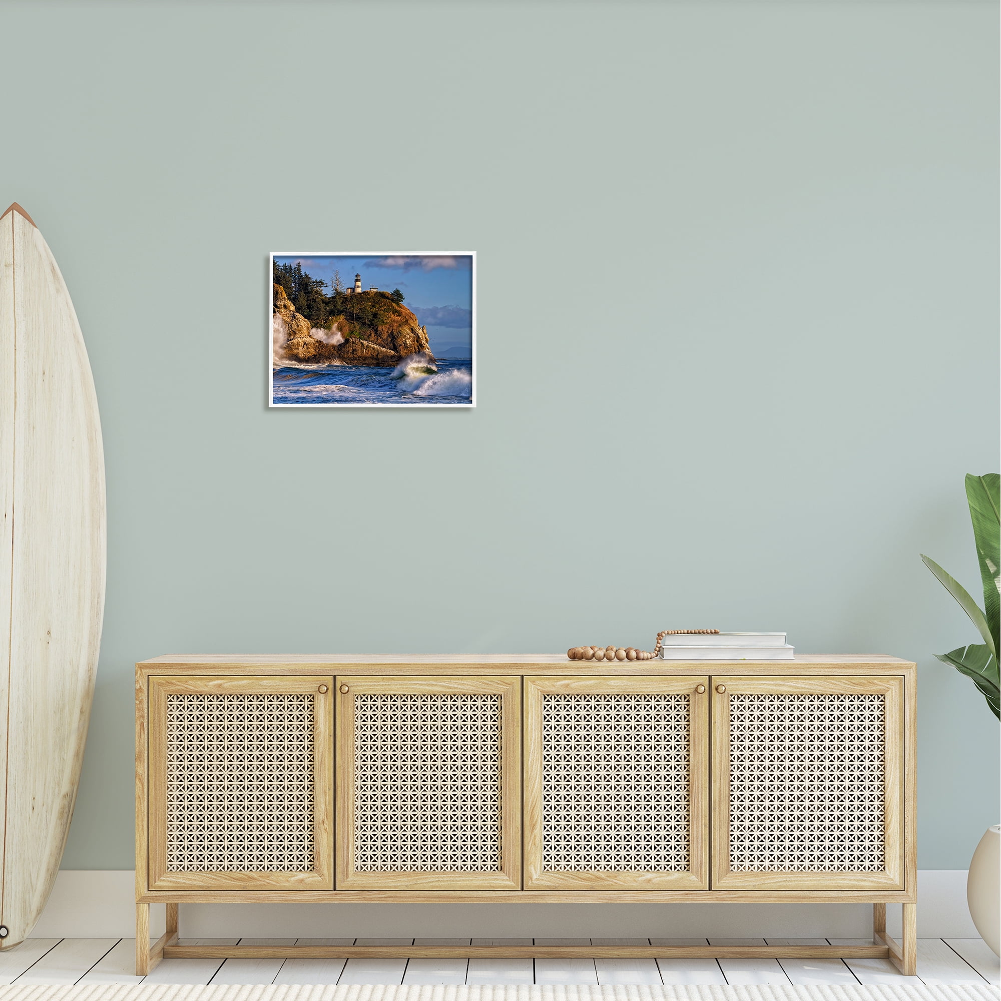 Stupell Rolling Sea Waves Lighthouse Cliff Landscape Photography White Framed Art Print Wall Art