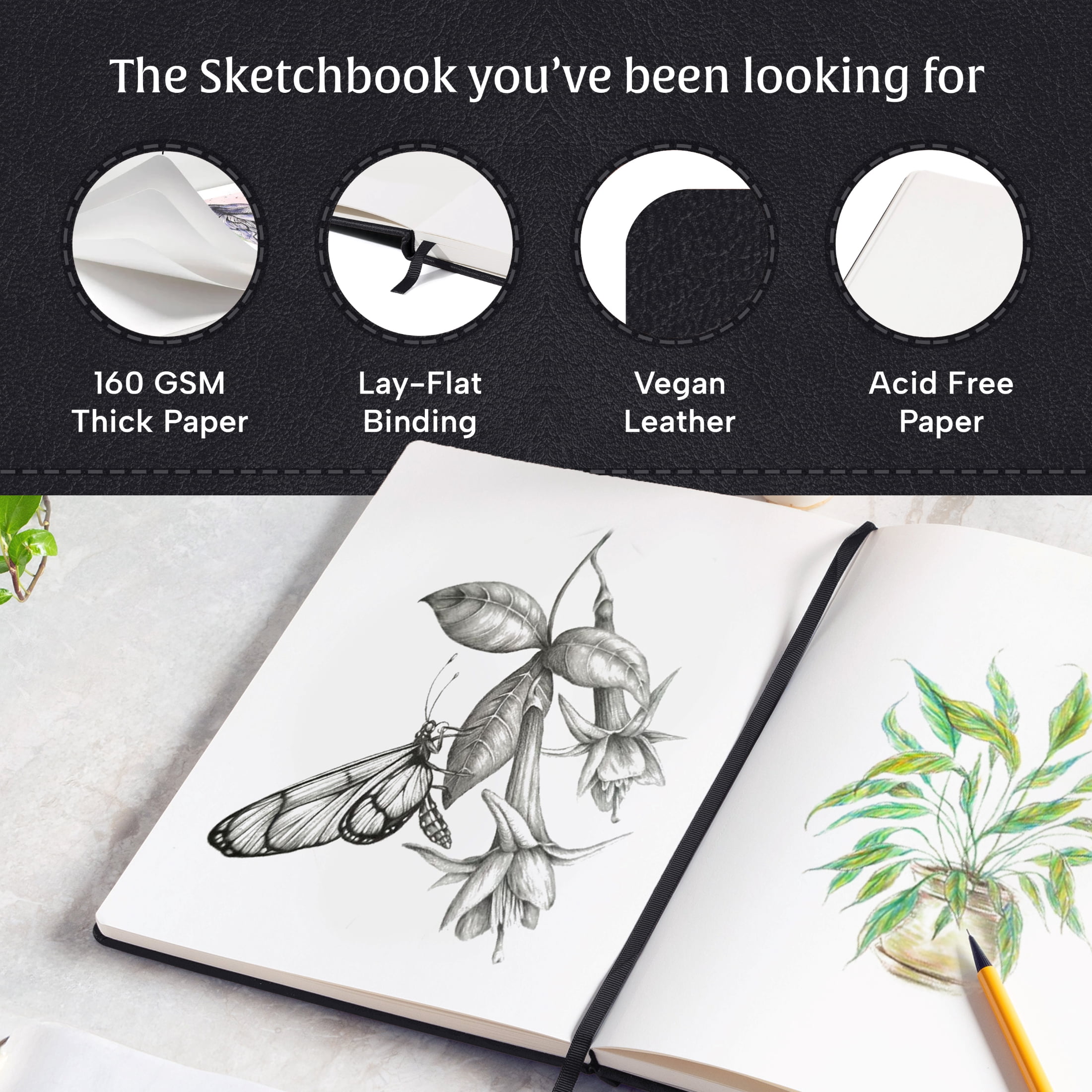 Beechmore Books A4 Sketchbook – 8.5x11" Premium Vegan Leather Bound Large Sketch Book Hardcover With 156 Thick 160gsm Perforated Ivory Pages, Blank Sketch Pad, Gift Boxed, Back Pocket Ribbon Bookmark