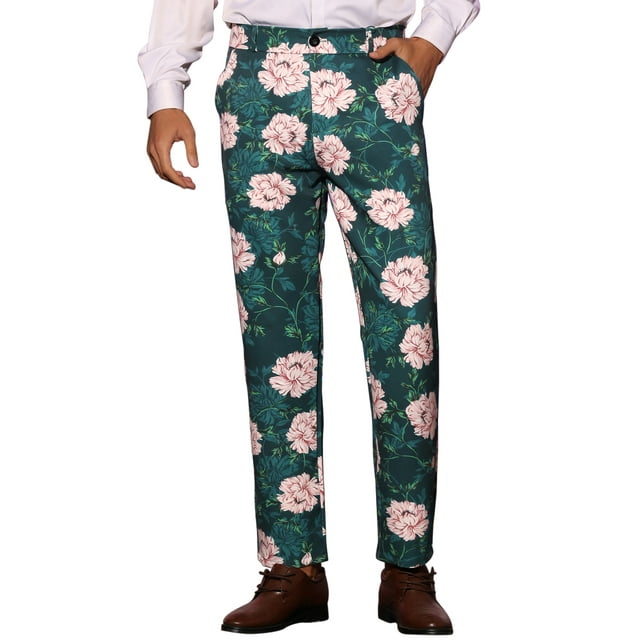 INSPIRE CHIC Men's Floral Dressy Pants Flat Front Party Prom Flower Printed Slacks 38 Green Pink