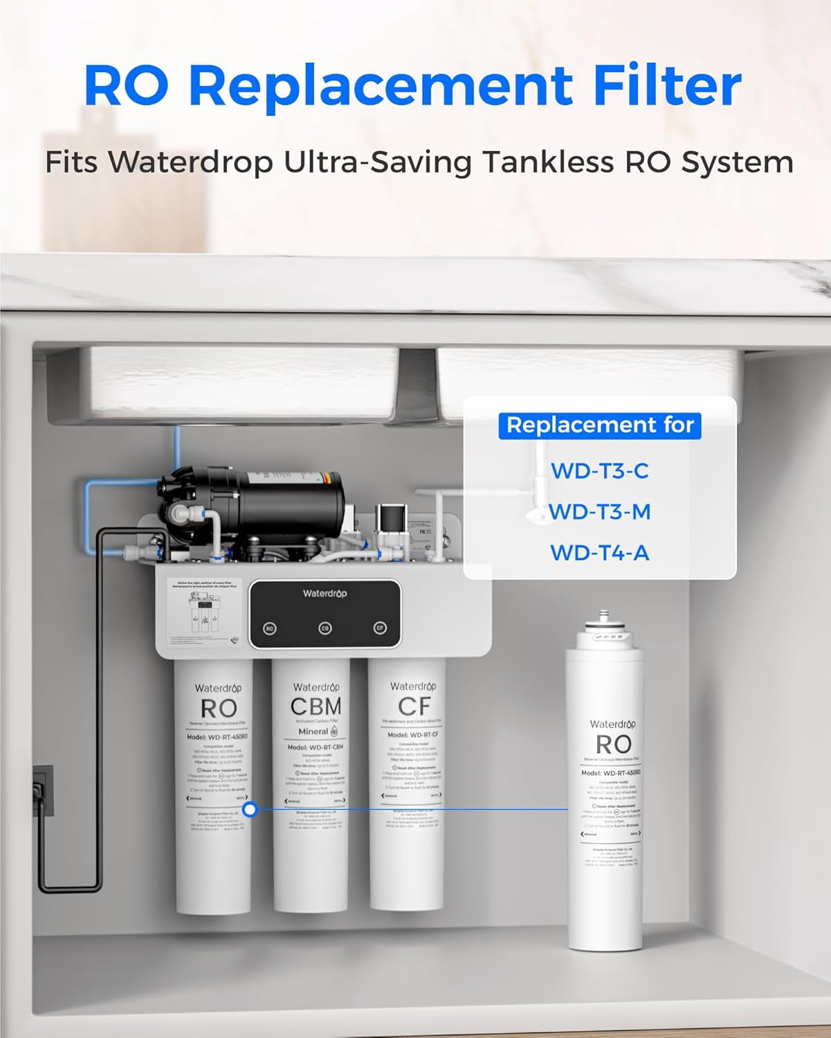Waterdrop RT-450RO Filter, Replacement for Waterdrop T3-C & T3-M & T4-A Tankless Reverse Osmosis System, Pack of 1 RO Filter, 24-month Lifetime