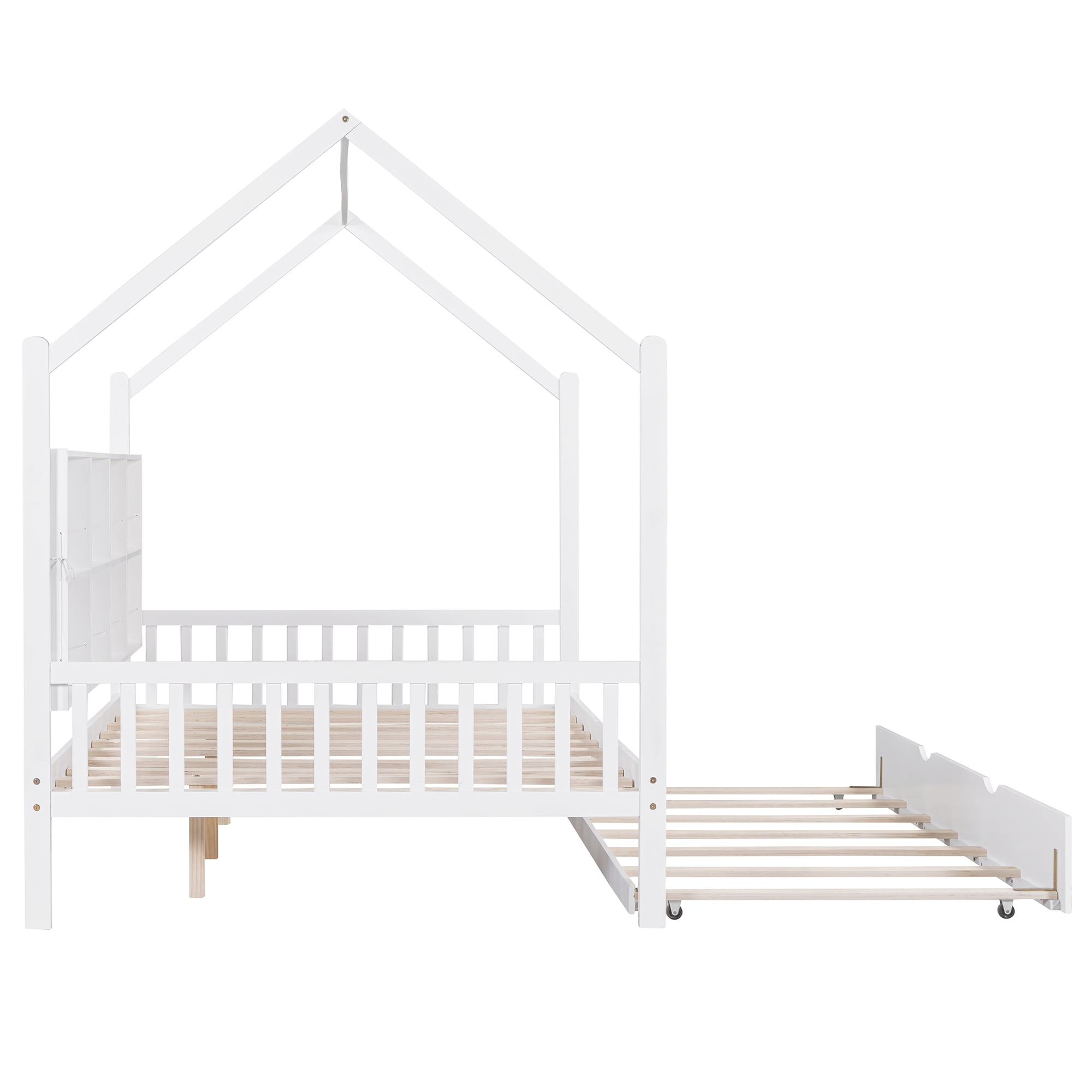 Gewnee Full House Bed with Trundle and Storage Shelves, Wood Playhouse Bed with Roof for Kids,White