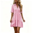 thumbnail image 2 of QUNYINEY Short Sleeve Women's Dresses Summer Midi Plaid Faux Cotton Linen A Line Dress Pleated Collared Loose Fit Button Dresses, 2 of 7