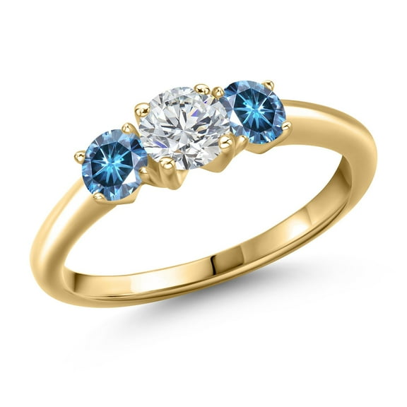 Gem Stone King 10K Yellow Gold Lab Grown Diamond and Persian Blue Moissanite Engagement Ring for Women | 0.96 Cttw | Round 5MM | Gemstone April Birthstone | Size 7