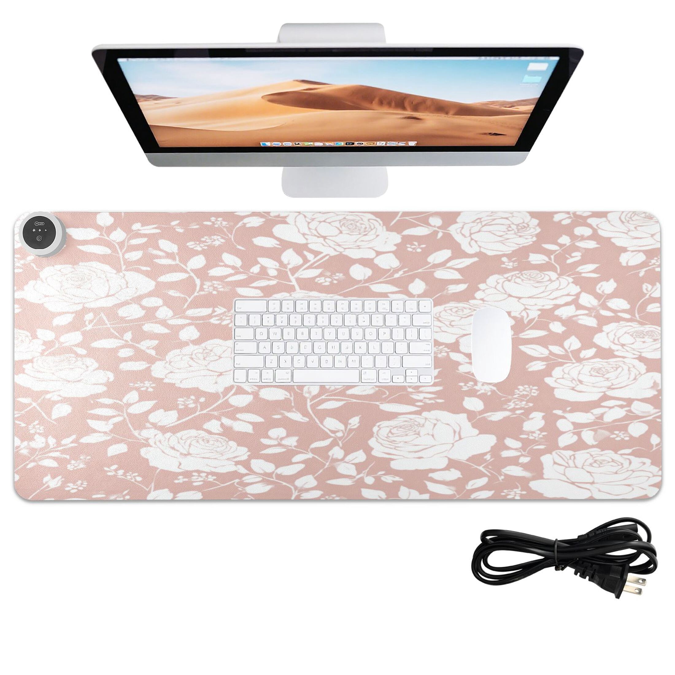 Large Heated Desk Mat Mouse Pad 31.5"x13"PU Leather Graphene Heating Desk Warmer with 3 Temperature Settings 110V US Plug Non-Slip Warm Pad for Home, Office, and Gaming Dusty Pink Rose Print