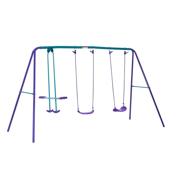 Purple Heavy Duty Metal A-Frame Swing Set with Glider, Two Adjustable Height Swings for Backyard Playground Fun