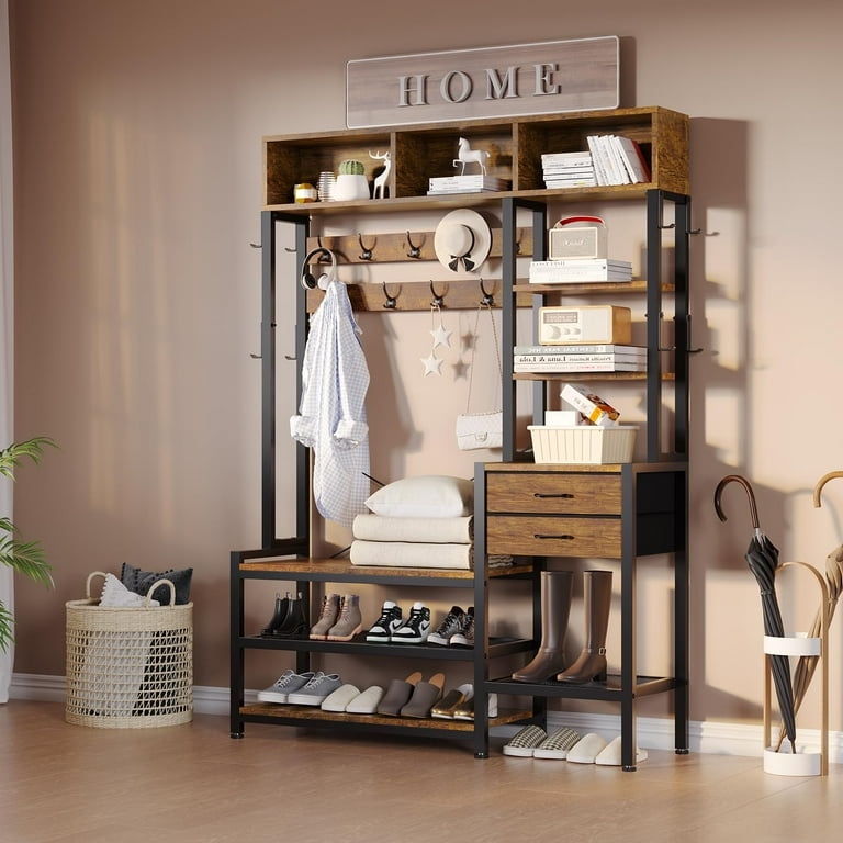 7-in-1 Entryway Bench with Coat Rack and Fabric Drawers, Hall