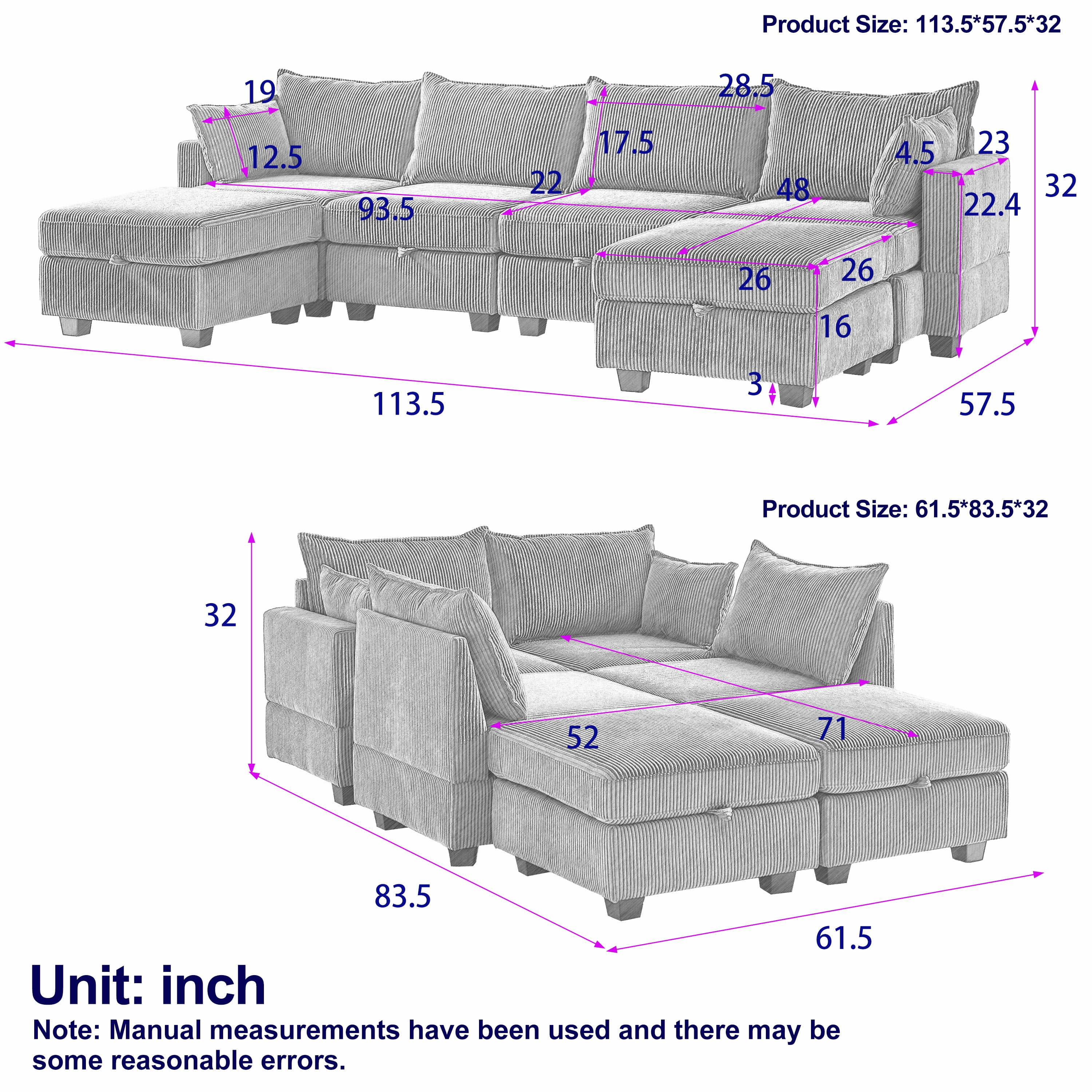 113.5'' Modular Sectiona Corduroy Sofa,Convertible U Shaped Sectional Couch with Storage Ottoman for Living Room,Beige