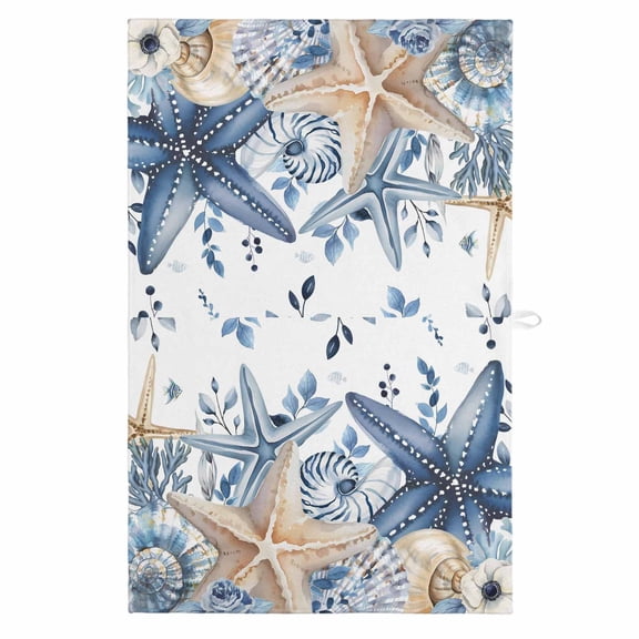Blue Starfish Coastal 1 Pack Kitchen Towel, Water Absorbent Dish Towel, Eucalyptus Summer Nautical Shell Ocean Decorative Hand Towels - Quick Drying Cloth for Cooking Baking, 18x28 Inch