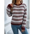 thumbnail image 6 of Women'S 2025 Fall Winter Color Block Striped Sweater Crew Neck Sweaters Casual Loose Knit Sweater Wine Red S, 6 of 7