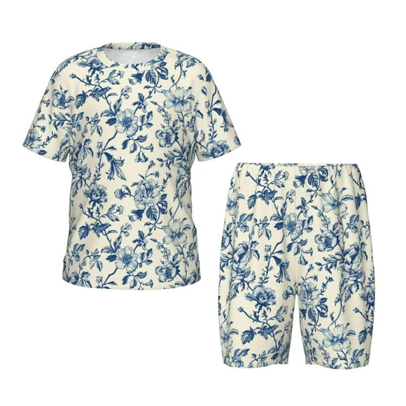 Balery Vintage Blue Floral Conjunto de Pijama Infantil de Manga Corta con Estampado – Ropa de Dormir de Algodón Suave-XX-Large
