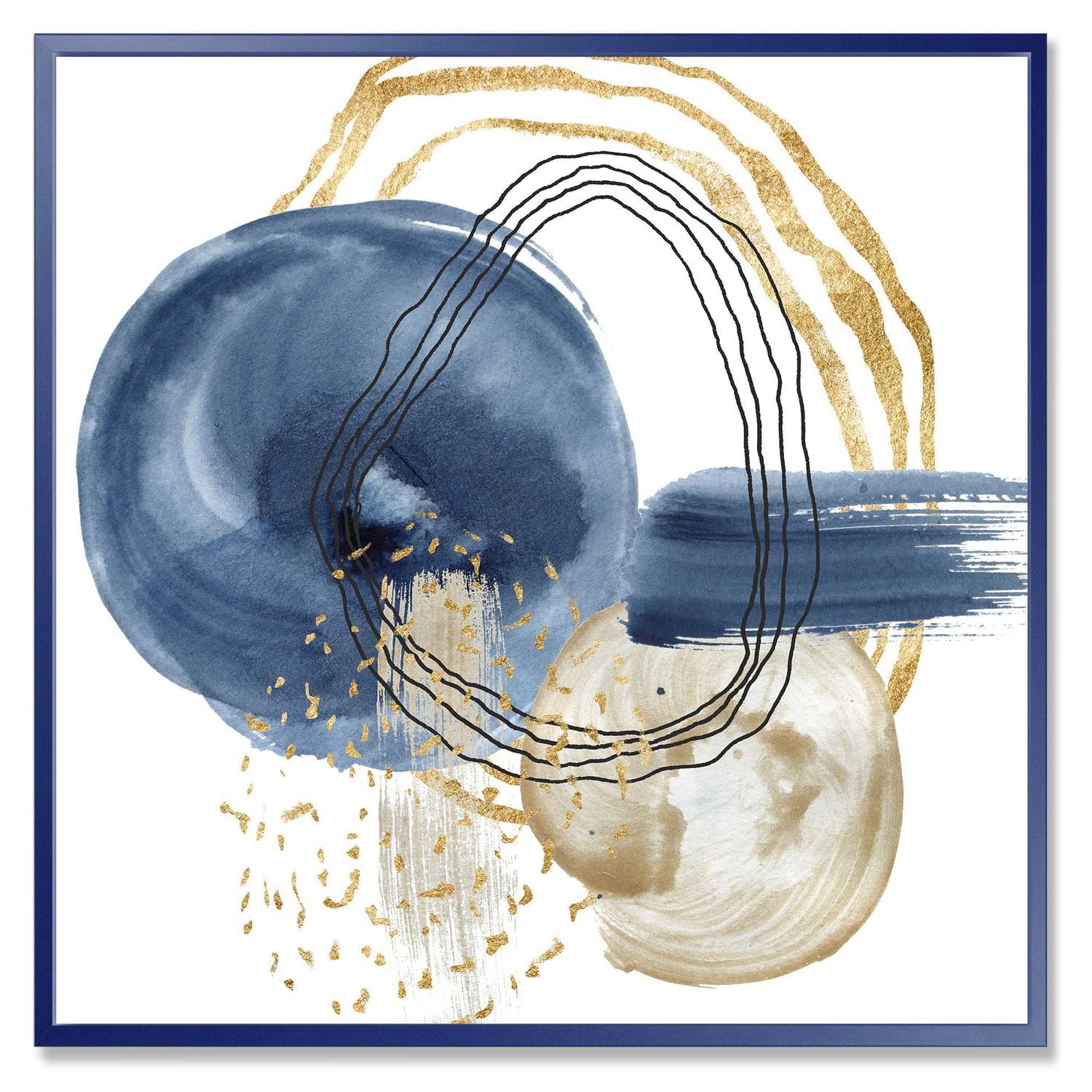 Designart Abstract Dark Blue Gold & Black Underwater Life FLOAT FRAME WALL ART