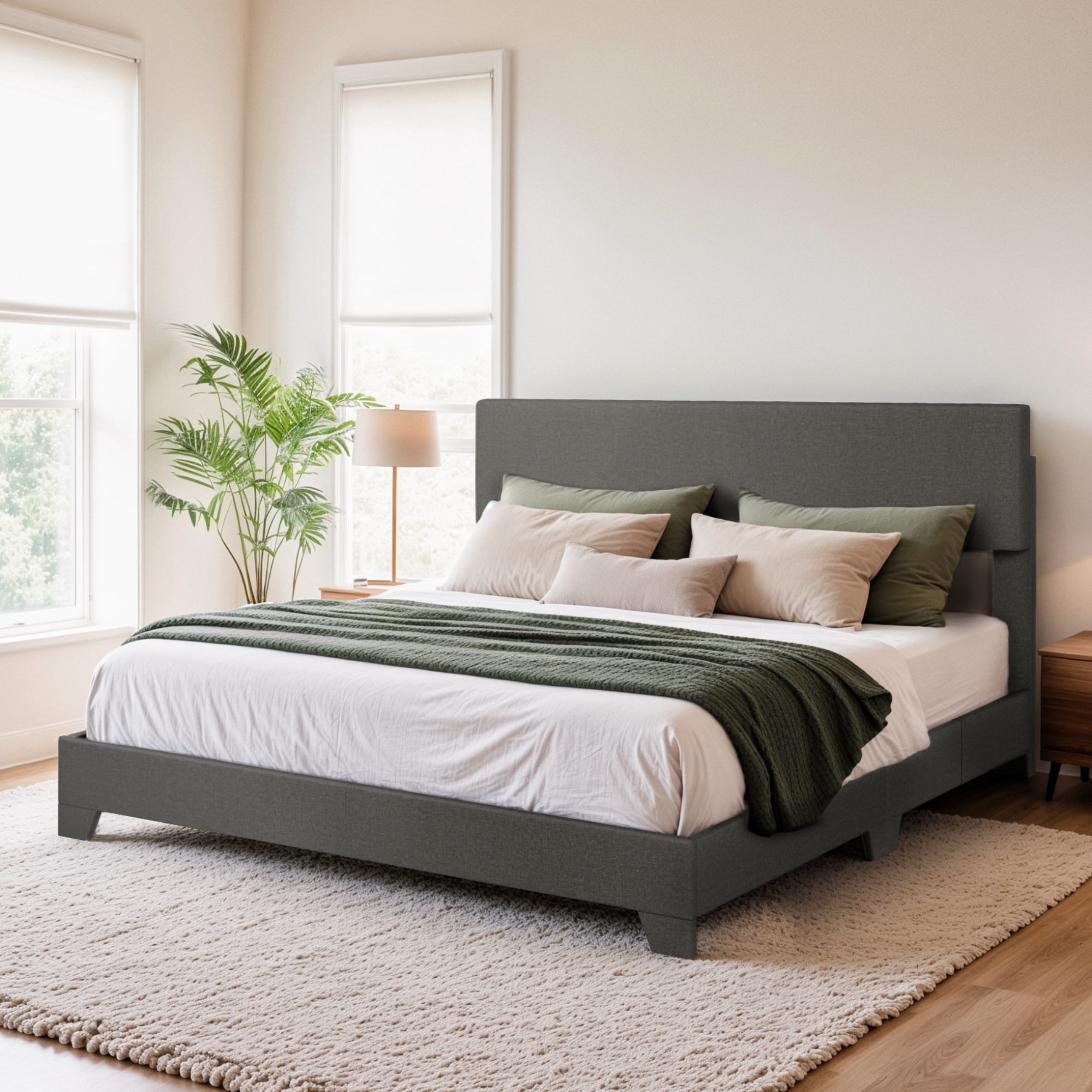 Einfach Queen Size Fabric Upholstered Bed Frame with Adjustable Headboard, No Box Spring Needed, Deep Grey, Low