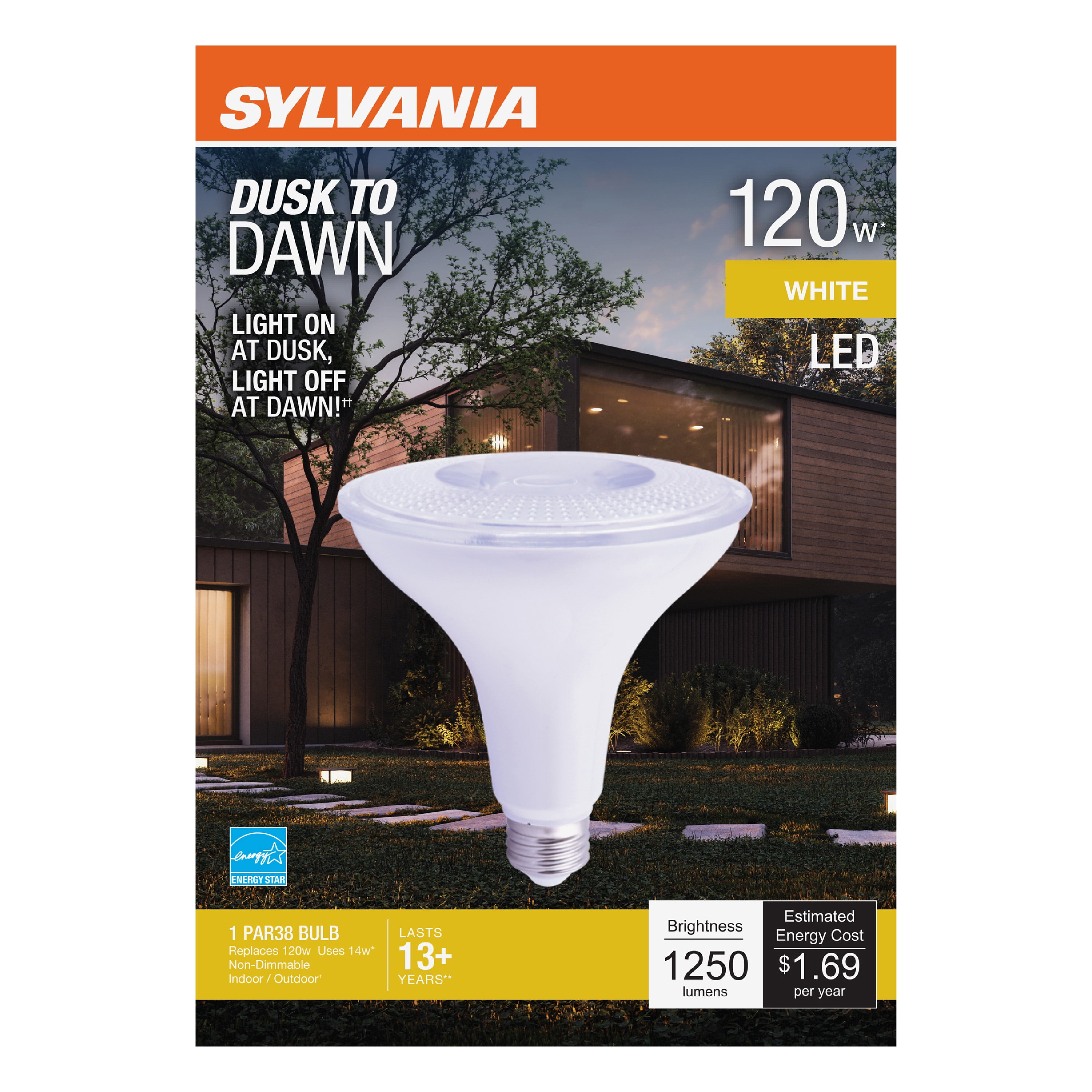 SYLVANIA Dusk to Dawn PAR38 LED Light Bulb with Auto on/off Light Sensor, 120 Watts Equivalent, Indoor and Outdoor, 1250 Lumens, 3000K