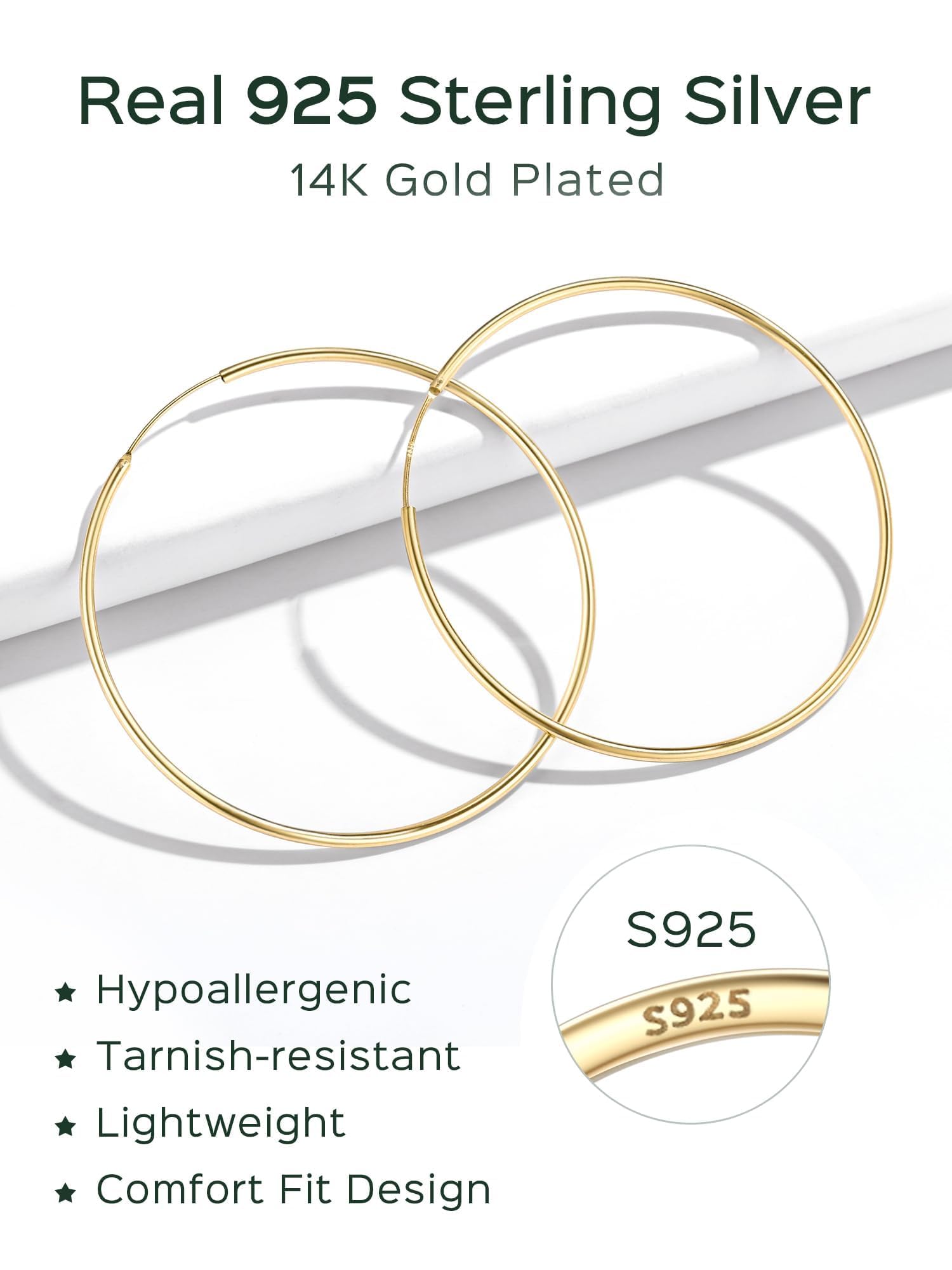 ChicSilver Large Gold Plated Silver Hoop Earrings for Women 14k Gold Hoop Earrings for Women Hypoallergenic Big Endless Hoops Earring 70MM
