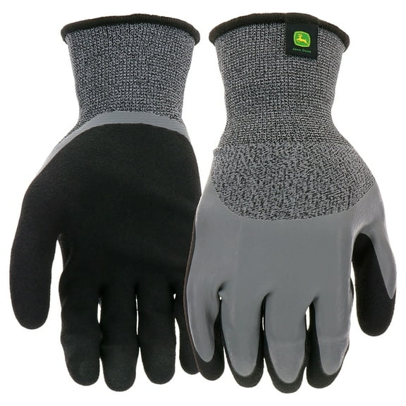 John Deere JD30500-L Double-Dipped Gloves, L, 4-1/4 in L, Knit Wrist, Seamless Cuff, Latex Coating, Black/Gray